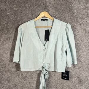 Lulus Women’s Small Mint Green Embroidered Front Tie Crop Top Boho Rayon Casual